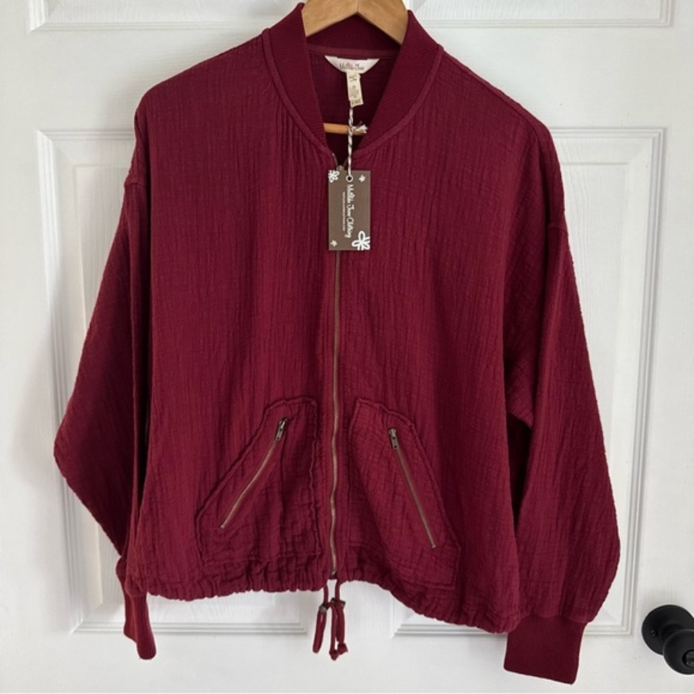 Matilda Jane Burgundy Textured Zip-Up Bomber Jacket Size S NWT